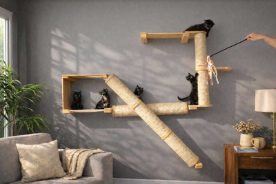The Crossroads - Cat Wall Scratcher - Tree with Ramp Natural Bamboo Natural Canvas 16" Cat Condo Catastrophic Creations