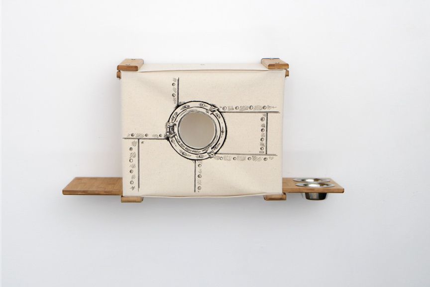 Deluxe Cat Cubby Bed Natural Bamboo Porthole Feeder Catastrophic Creations