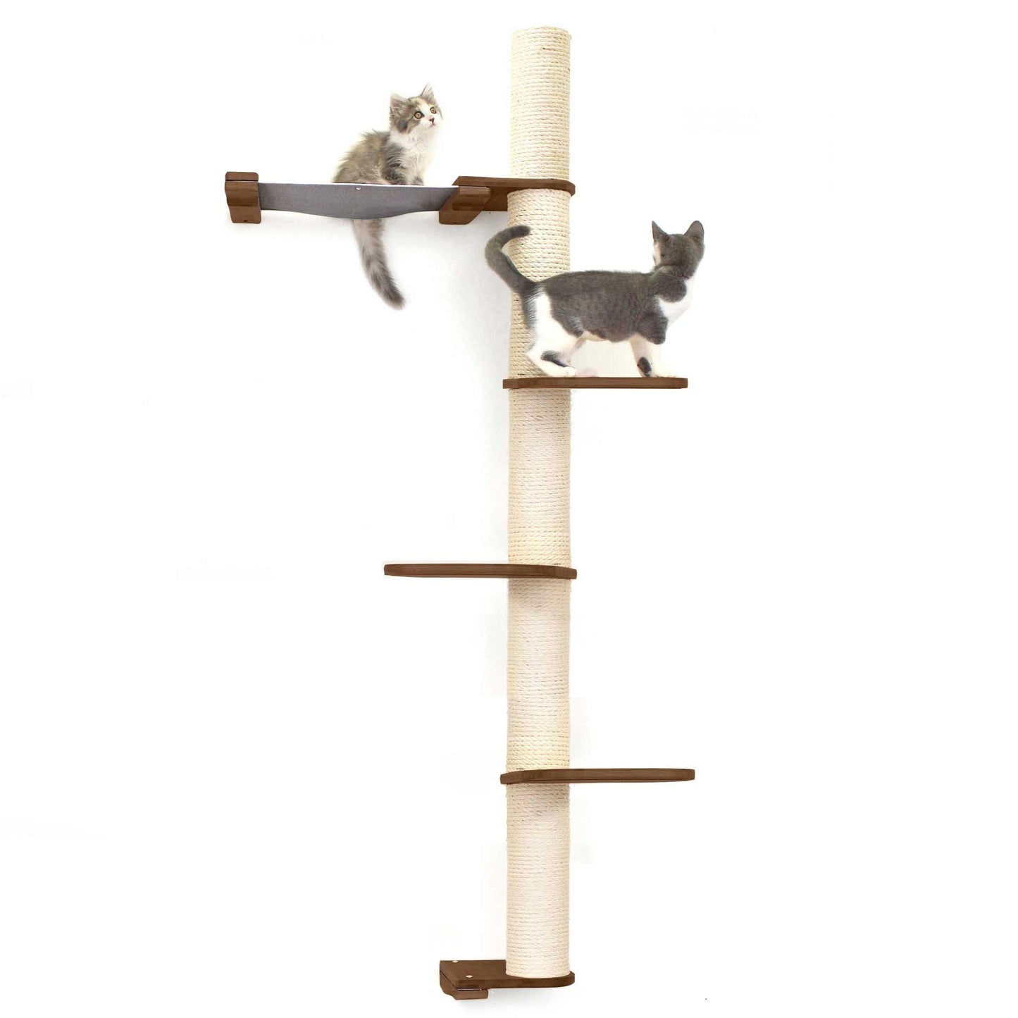 The Crow's Nest - A Wall Cat Scratcher with Hammock English Chestnut Bamboo Charcoal Gray Canvas 4-Tier 16" Cat Condo Catastrophic Creations