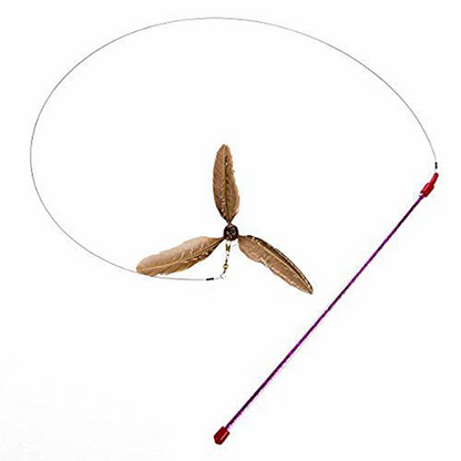 Image of a cat toy that has a stick with a string and three brown feathers attached to the string. 