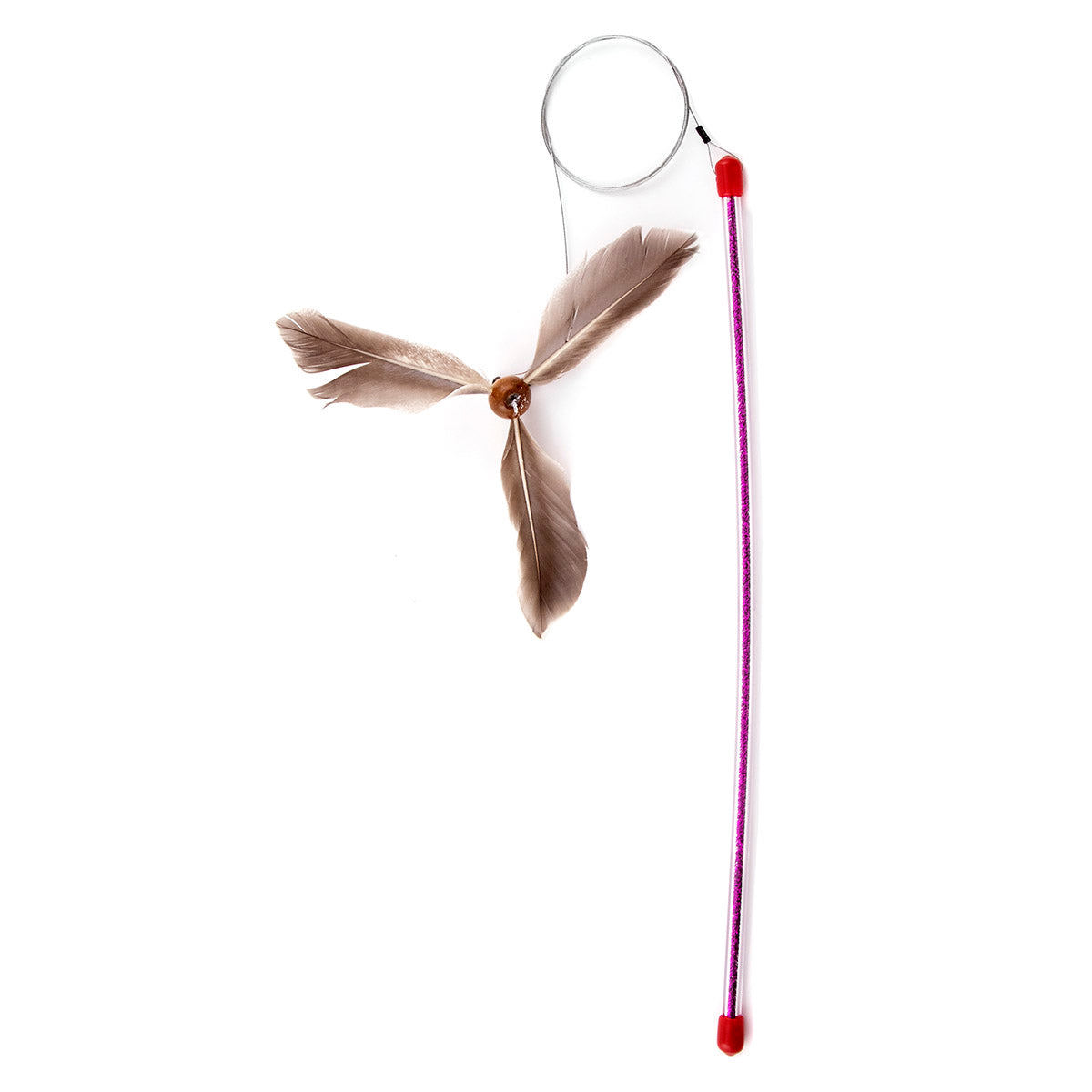 Image of a cat toy that has a stick with a string and three brown feathers attached to the string. 