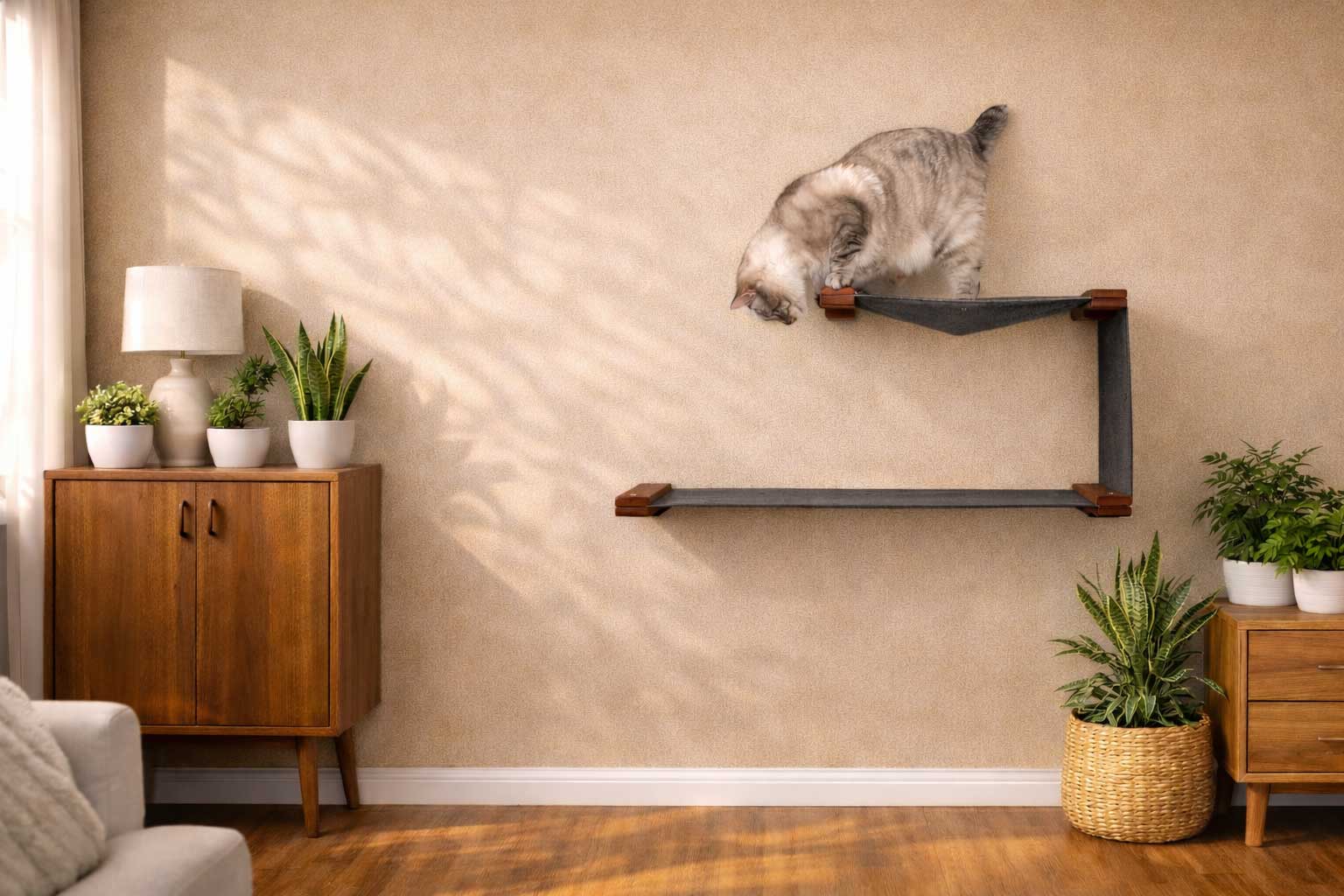 The Double Decker - Cat Hanging Bed Set English Chestnut Bamboo Charcoal Gray Canvas Cat Hammock Catastrophic Creations