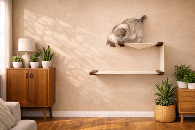 The Double Decker - Cat Hanging Bed Set English Chestnut Bamboo Natural Canvas Cat Hammock Catastrophic Creations