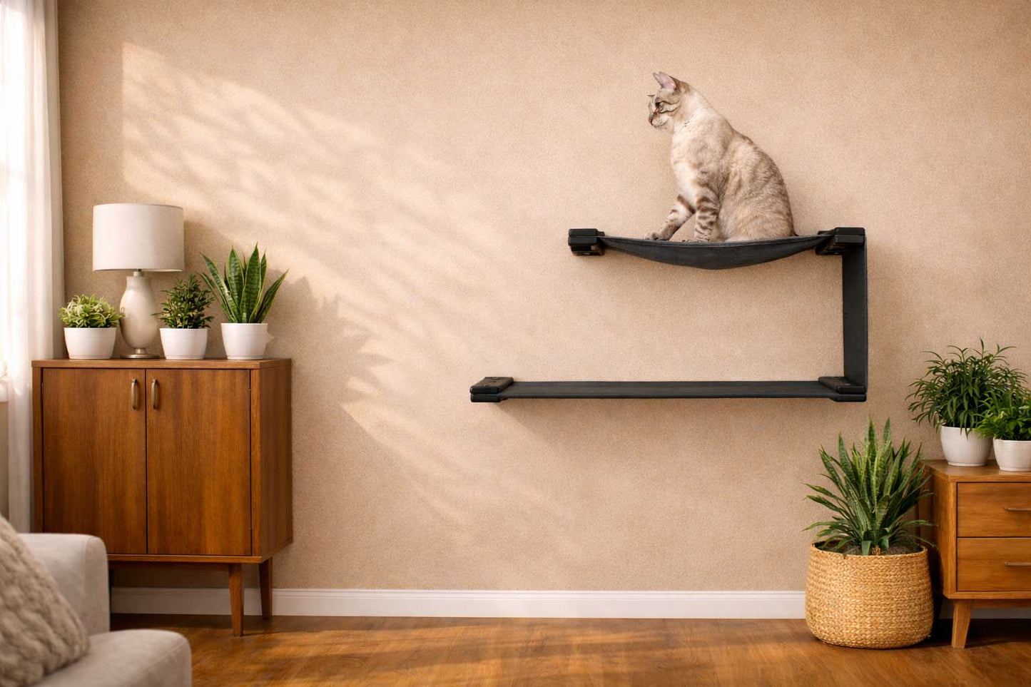 The Double Decker - Cat Hanging Bed Set Onyx Bamboo Charcoal Gray Canvas Cat Hammock Catastrophic Creations