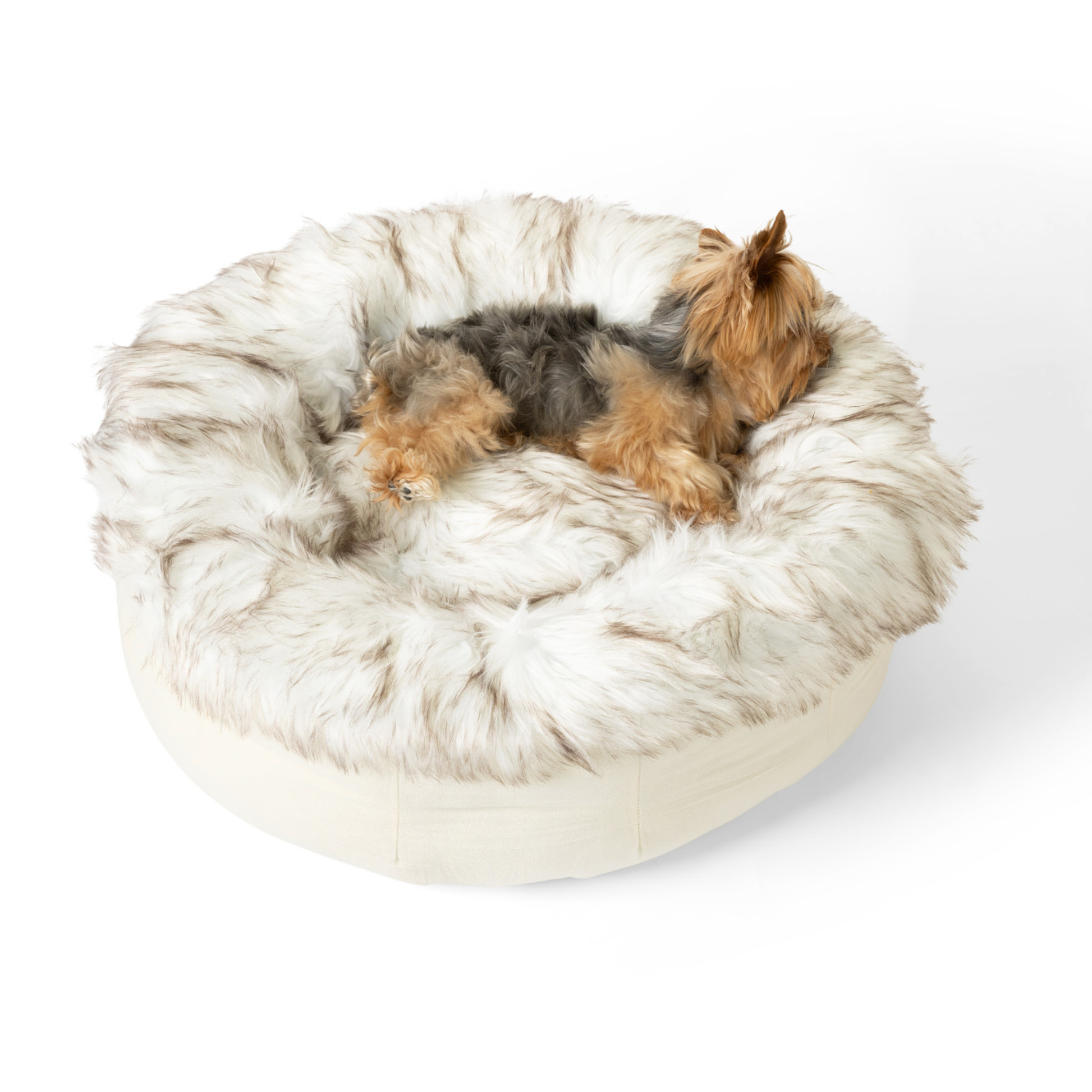 PupPouf™ Faux Fur Donut Dog Bed - White with Brown Accents Dog Beds Paw