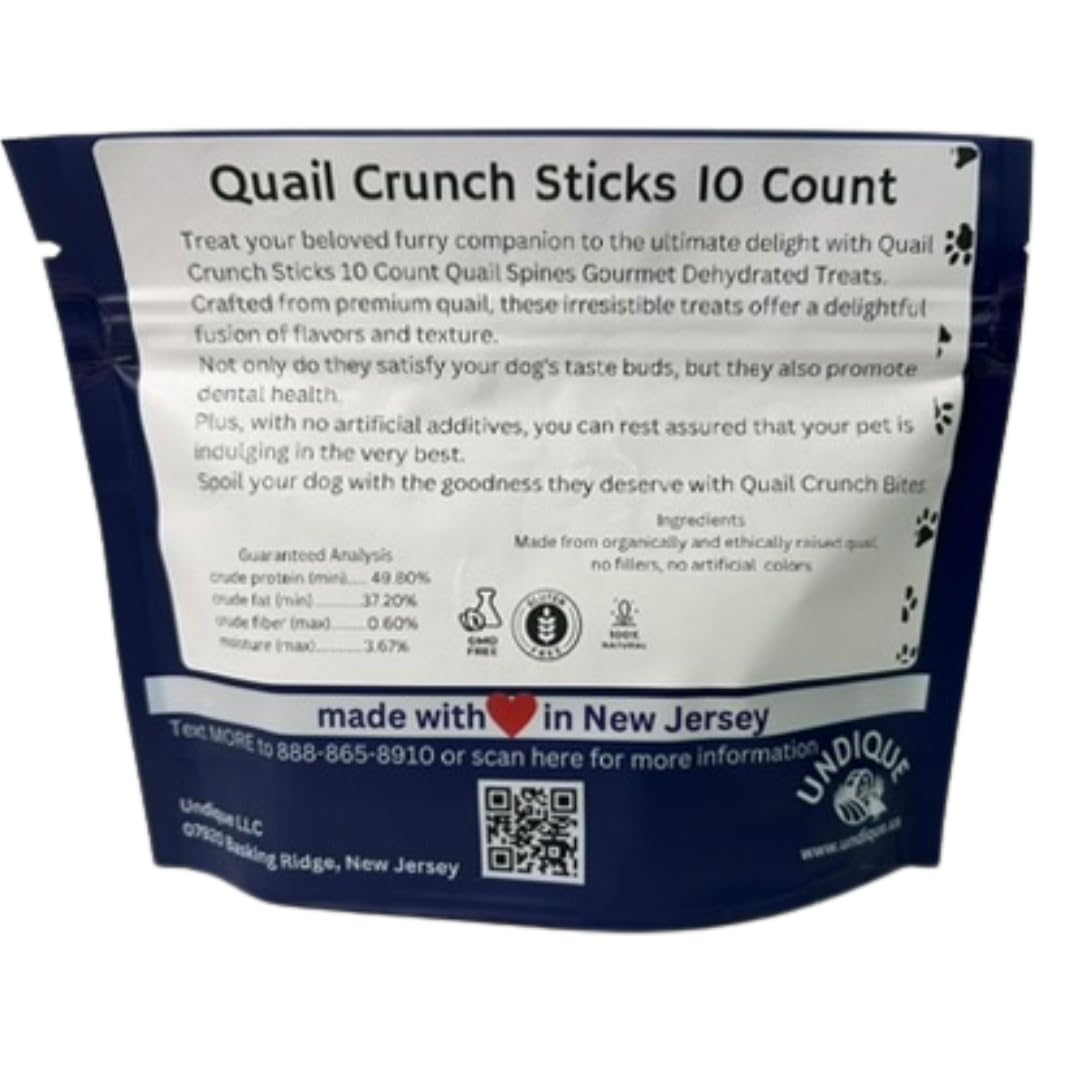 Quail Crunch Sticks Dog Treats, 10 Count Quail Spines Gourmet Dehydrated Healthy Dog Training Treats, Premium Flavors Promote Dental Health, No Artificial Additives for Happy Pets Quailz.com by Undique LLC