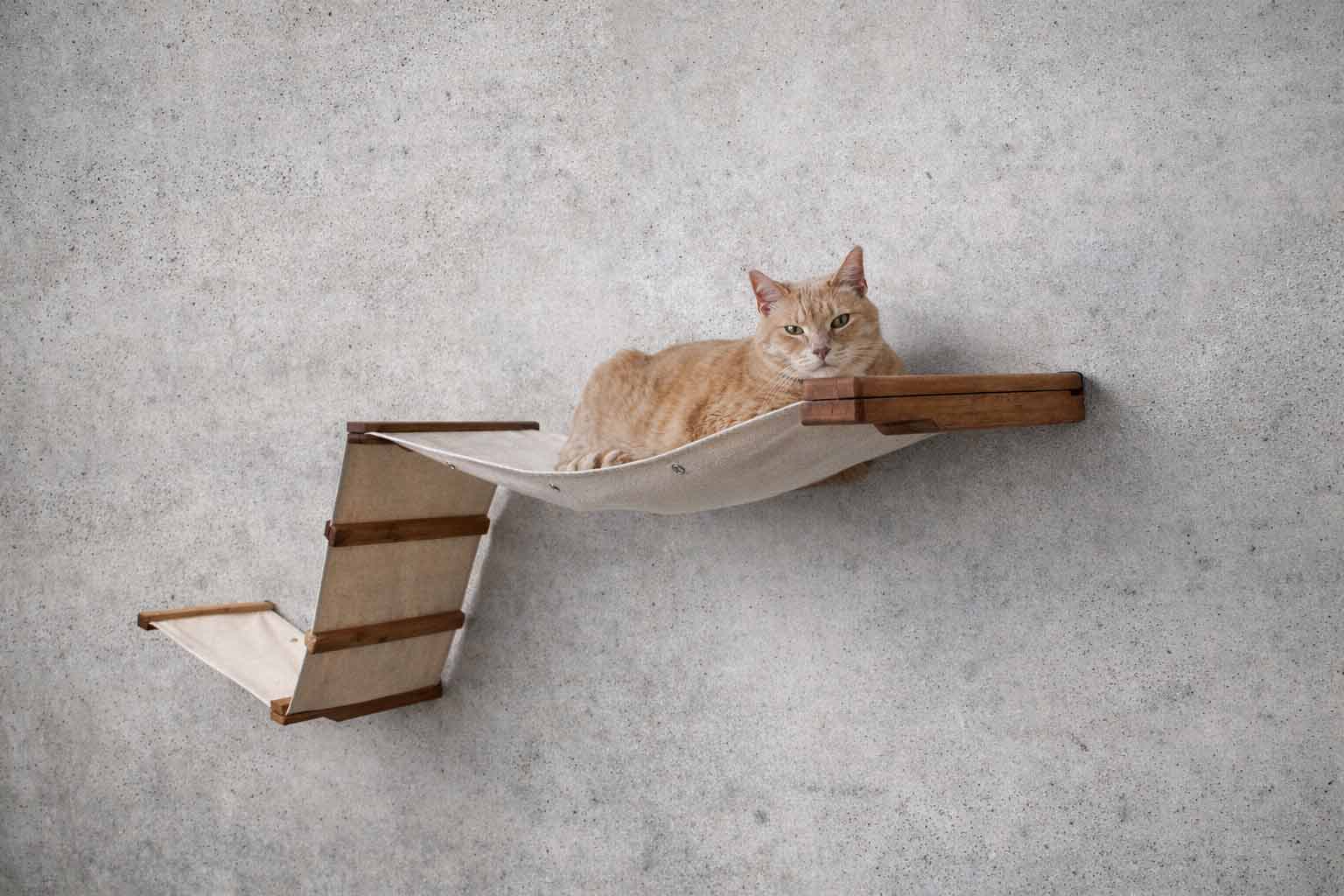The Raceway - Wall Mounted Cat Hammock English Chestnut Bamboo Natural Canvas Cat Hammock Catastrophic Creations