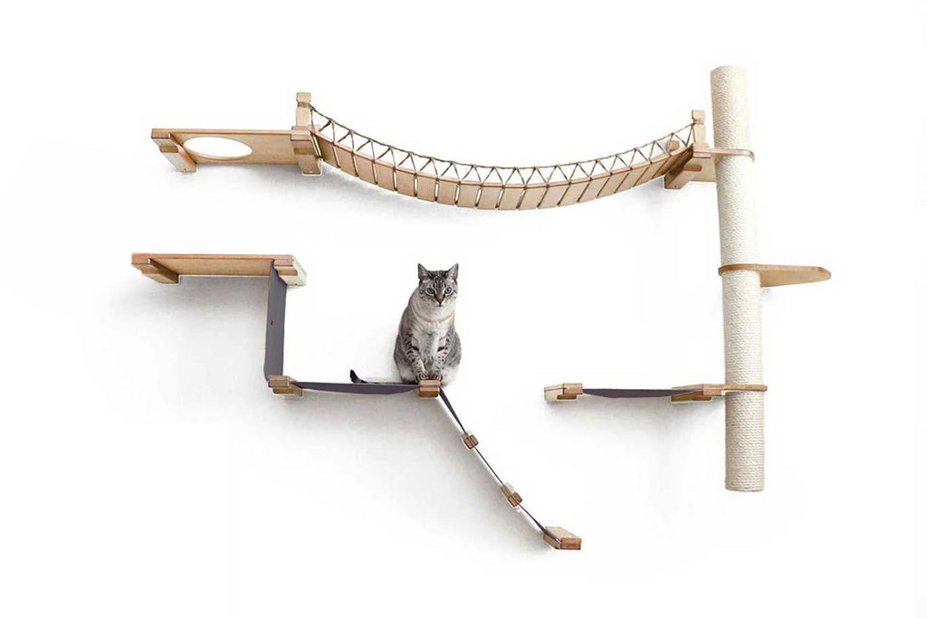 The Expedition - Cat Jungle Gym Wall System Natural Bamboo Charcoal Gray Canvas No Planter Cat Condo Catastrophic Creations