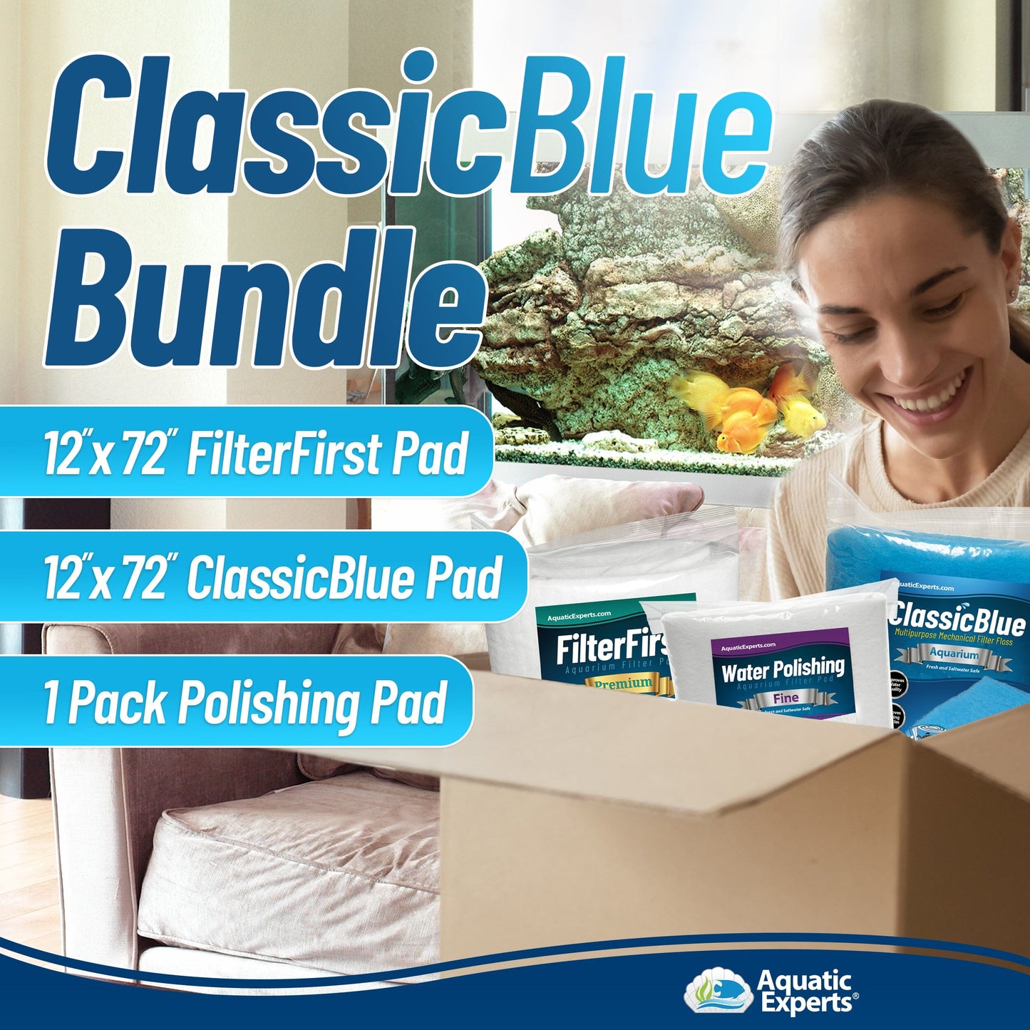 Aquarium Bundle - ClassicBlue 12"x72" + FilterFirst 12"x72" + Polishing Filter Pad 100 Micron - 1 pack Aquatic Experts