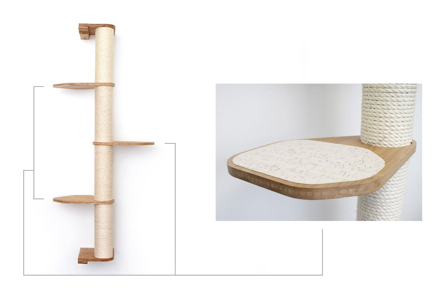 Wall Mounted Cat Climbing Pole - Sisal Natural Bamboo 4-Tier Leaf Shelf Natural Cork Pad Cat Scratcher Catastrophic Creations
