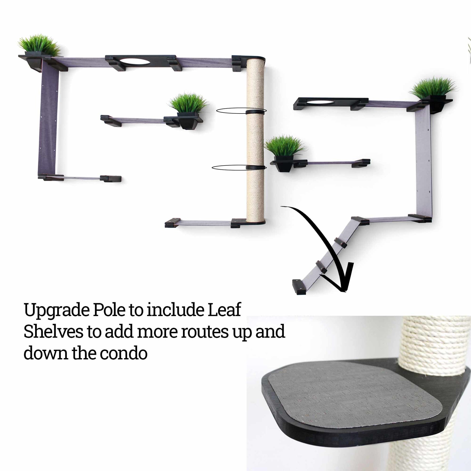 The Gardens - Modern Cat Tree with Plants Onyx Bamboo Charcoal Gray Canvas Garden Leaf Shelf Cat Condo Catastrophic Creations