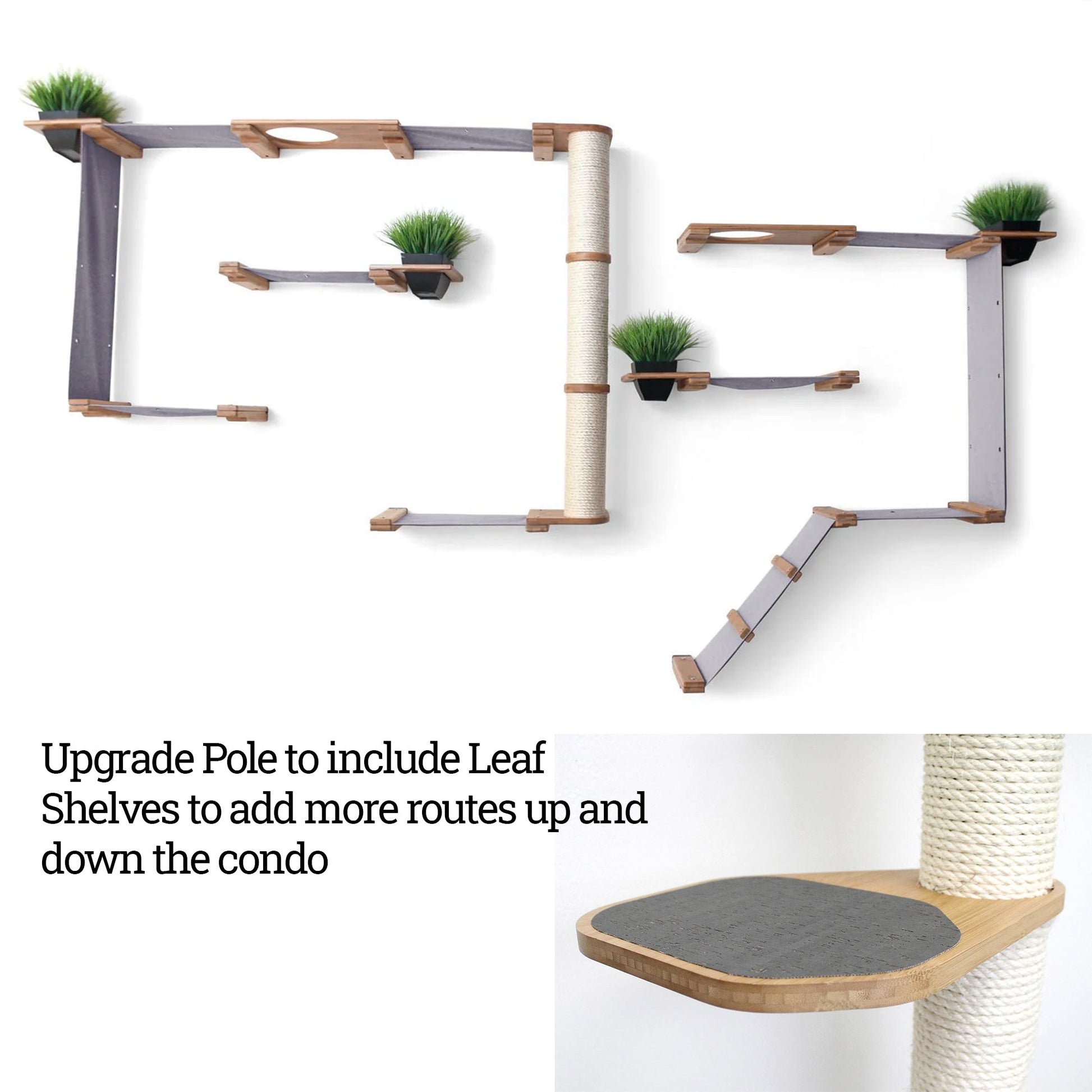 The Gardens - Modern Cat Tree with Plants Natural Bamboo Charcoal Gray Canvas Garden Leaf Shelf Cat Condo Catastrophic Creations