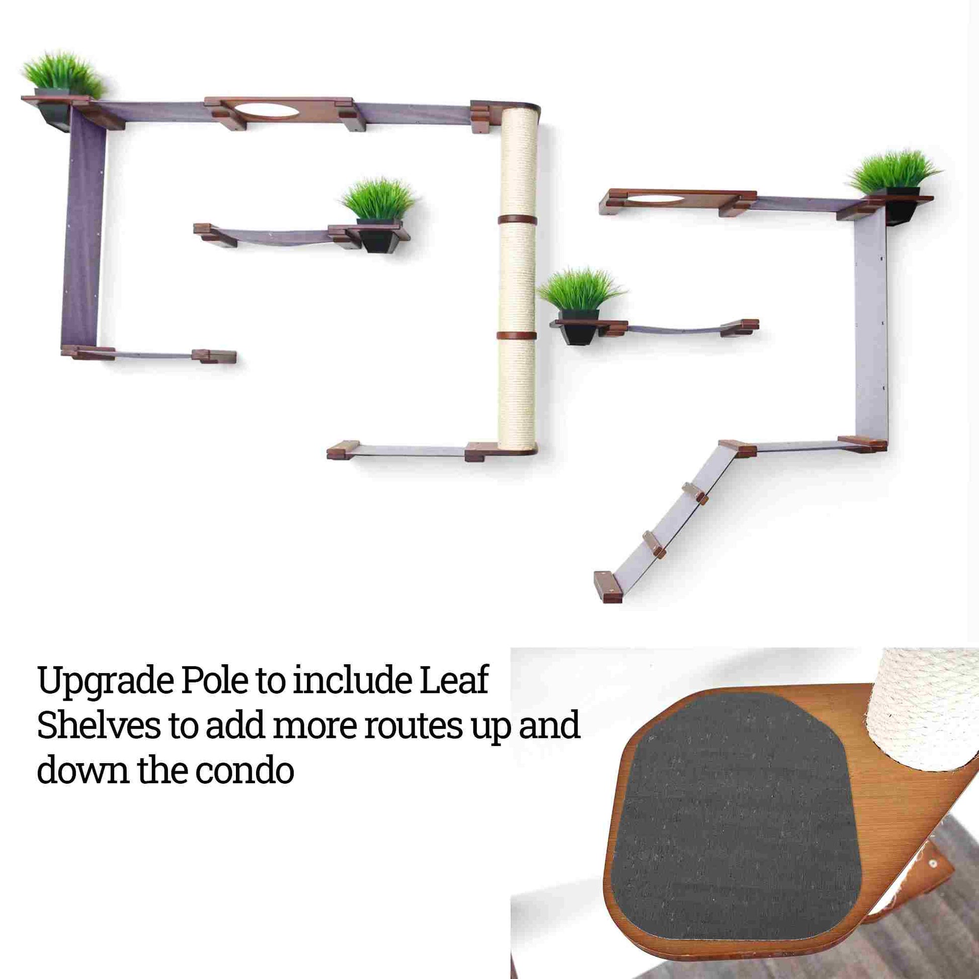 The Gardens - Modern Cat Tree with Plants English Chestnut Bamboo Charcoal Gray Canvas Garden Leaf Shelf Cat Condo Catastrophic Creations