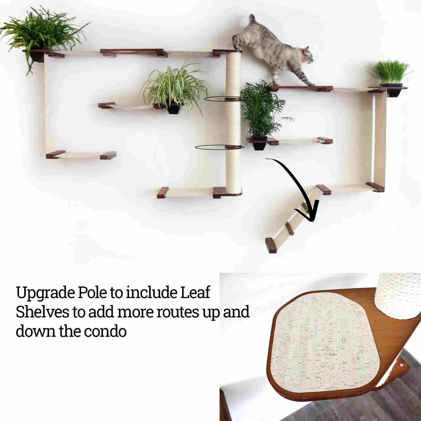 The Gardens - Modern Cat Tree with Plants English Chestnut Bamboo Natural Canvas Garden Leaf Shelf Cat Condo Catastrophic Creations