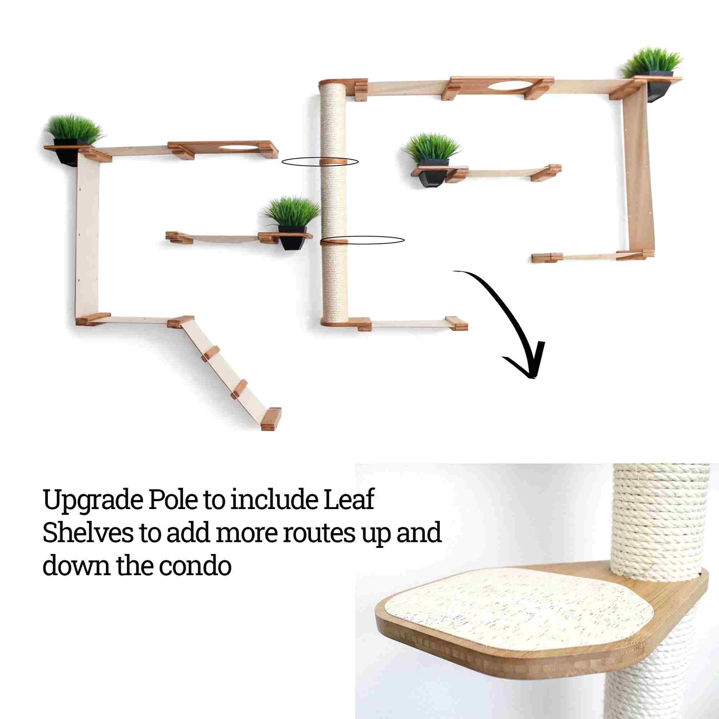 The Gardens - Modern Cat Tree with Plants Natural Bamboo Natural Canvas Garden Leaf Shelf Cat Condo Catastrophic Creations