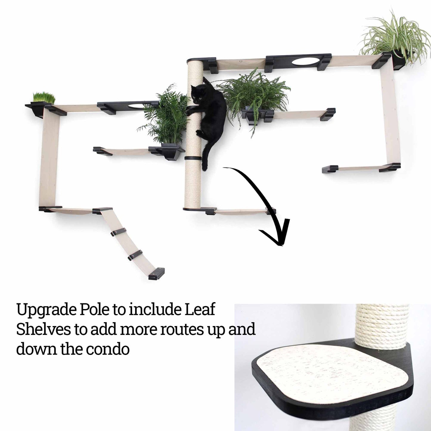 The Gardens - Modern Cat Tree with Plants Onyx Bamboo Natural Canvas Garden Leaf Shelf Cat Condo Catastrophic Creations