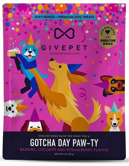 Package of GivePet dog treats with playful dogs and "Gotcha Day Paw-ty" flavor text.