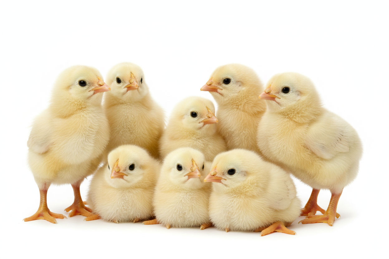 Healthy baby chickens, white background image