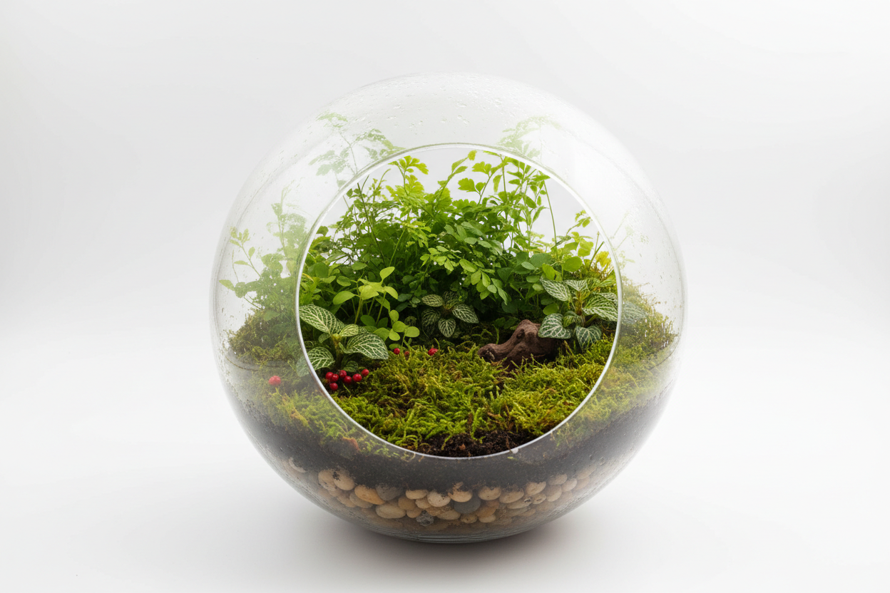 healthy, lush, beautiful terrarium, white background