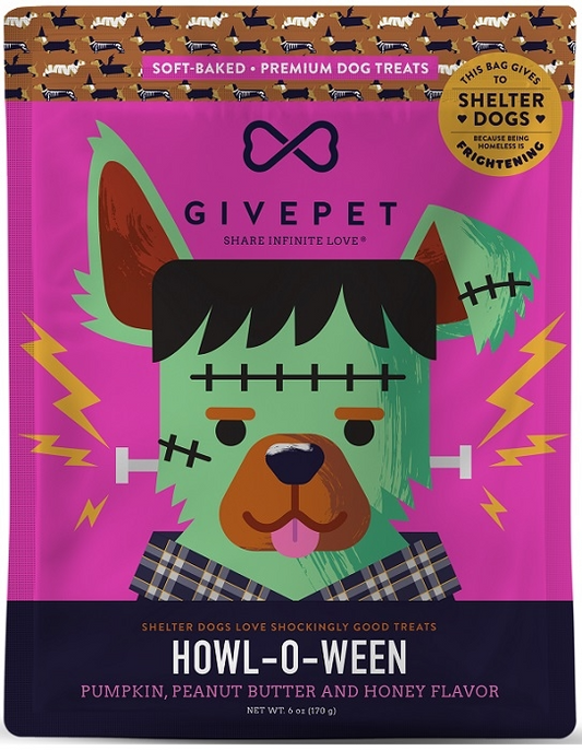 A colorful bag of GIVEPET dog treats with a cartoon Frankenstein dog design.