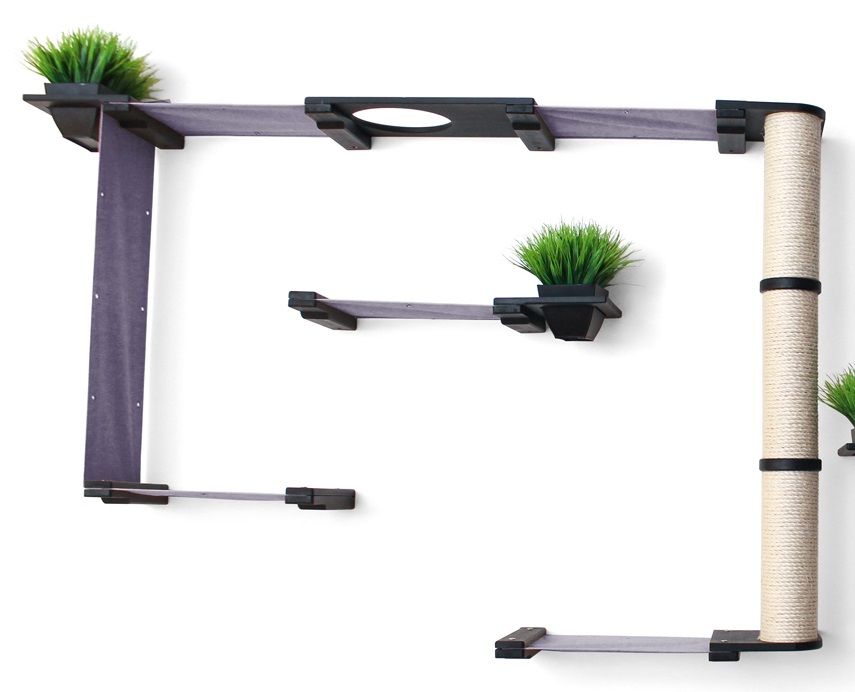 The Gardens - Modern Cat Tree with Plants Onyx Bamboo Charcoal Gray Canvas Mini Garden None Cat Condo Catastrophic Creations