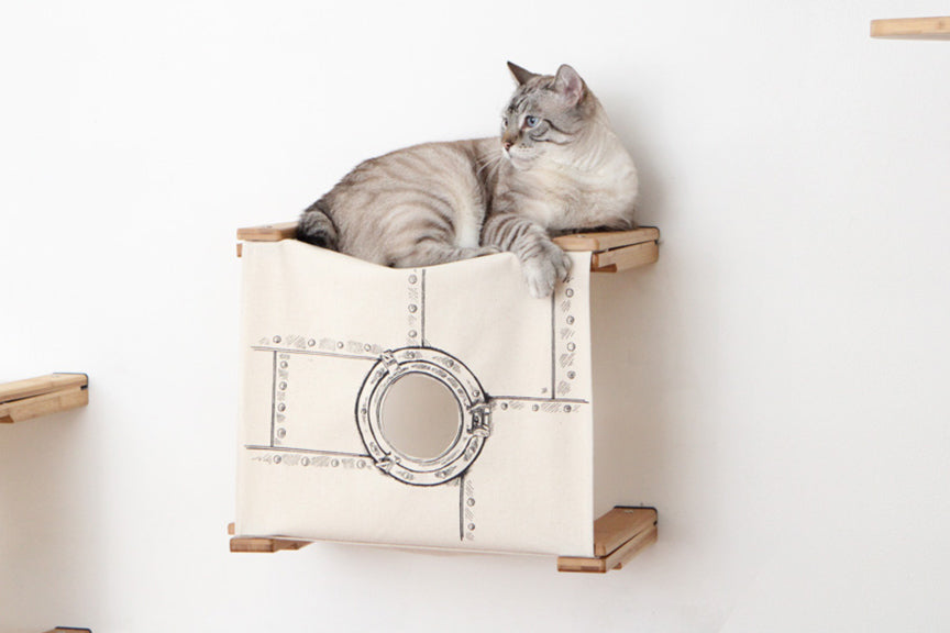 Enclosed Cat Bed - Cat Wall Cubby Natural Bamboo Porthole Catastrophic Creations