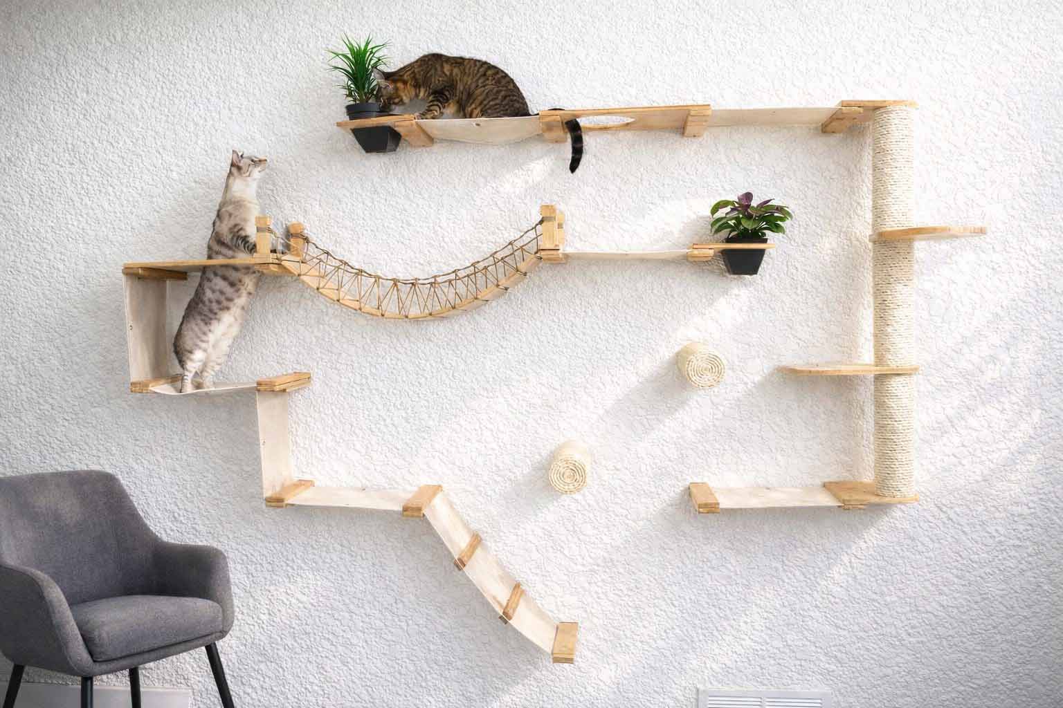 The Juggernaut - Indoor Cat Playground for Wall Natural Bamboo Natural Canvas Planter Shelves Leaf Shelf Cat Condo Catastrophic Creations