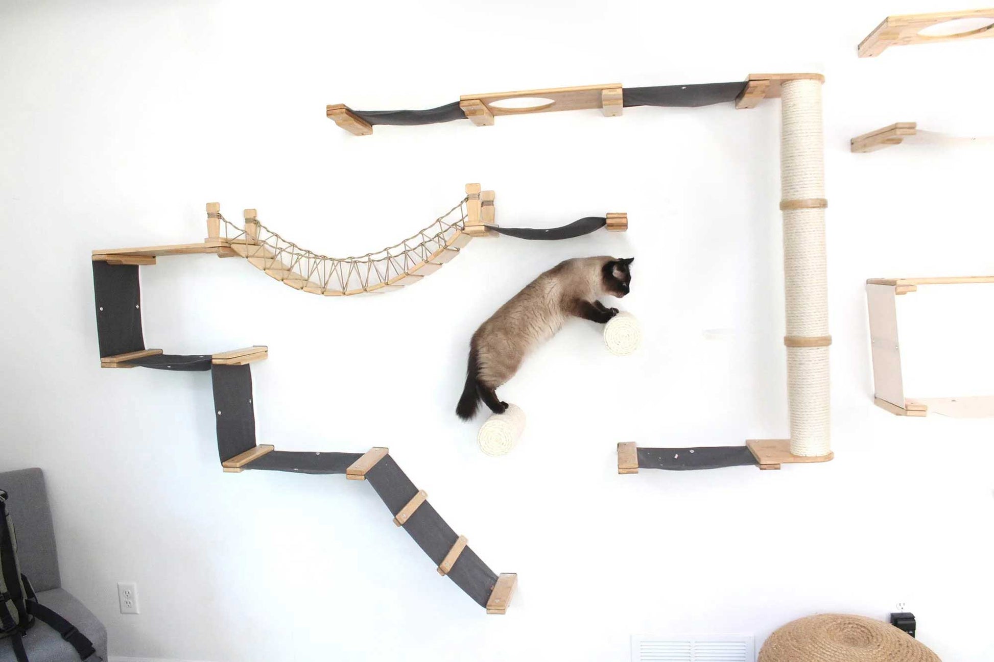 The Juggernaut - Indoor Cat Playground for Wall Natural Bamboo Charcoal Gray Canvas No Planters Coupling Cat Condo Catastrophic Creations