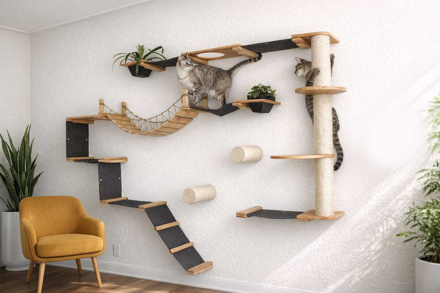 The Juggernaut - Indoor Cat Playground for Wall Natural Bamboo Charcoal Gray Canvas Planter Shelves Leaf Shelf Cat Condo Catastrophic Creations