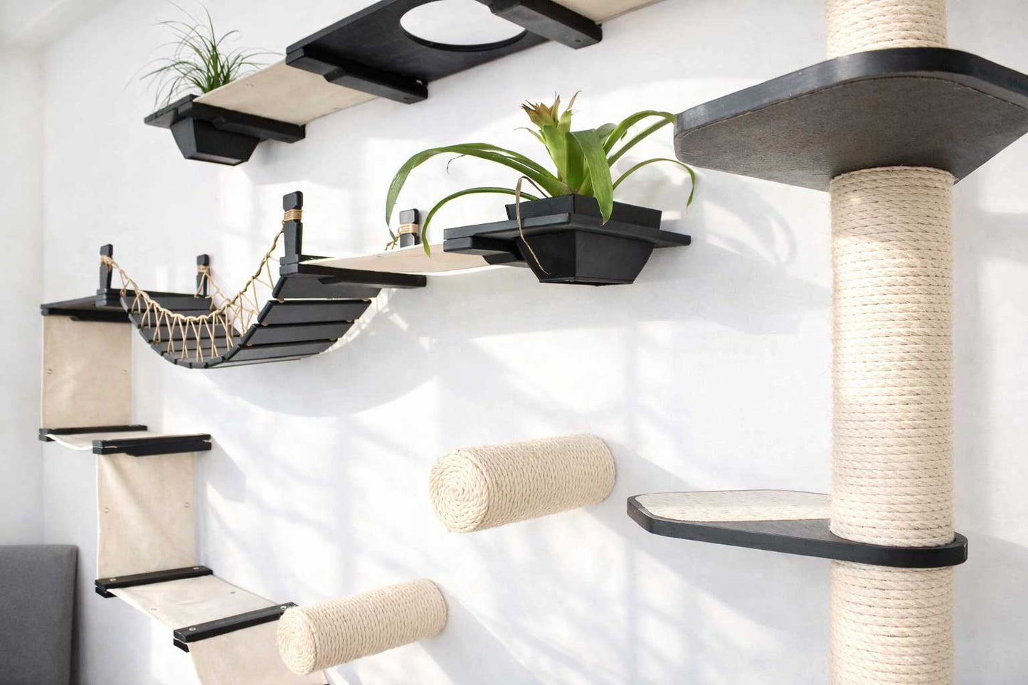 The Juggernaut - Indoor Cat Playground for Wall Onyx Bamboo Natural Canvas Planter Shelves Leaf Shelf Cat Condo Catastrophic Creations