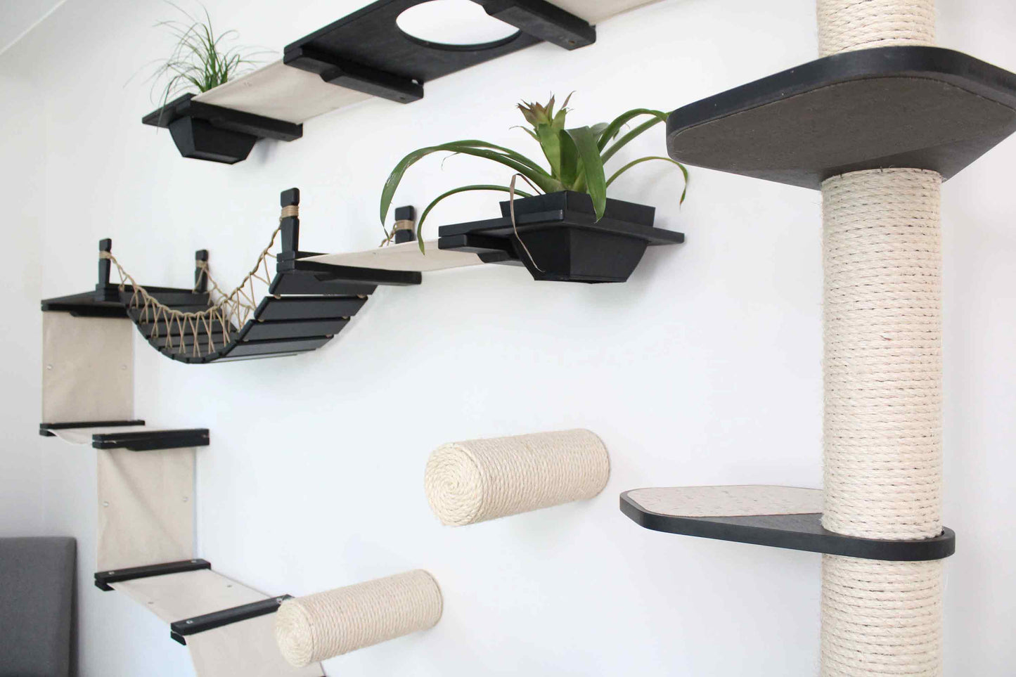 The Juggernaut - Indoor Cat Playground for Wall Onyx Bamboo Natural Canvas Planter Shelves Leaf Shelf Cat Condo Catastrophic Creations