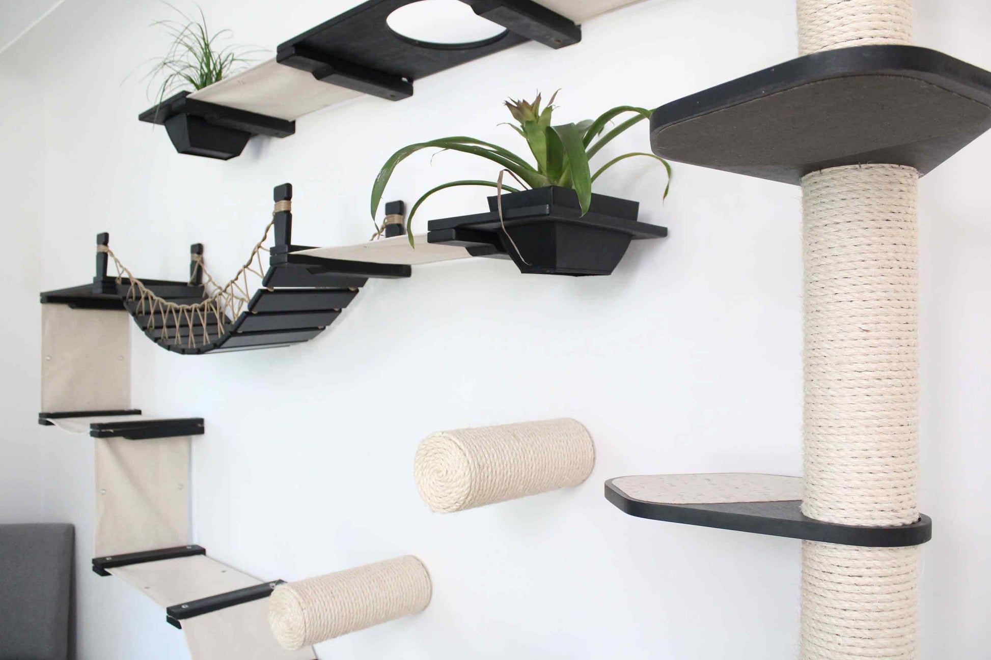 The Juggernaut - Indoor Cat Playground for Wall Onyx Bamboo Natural Canvas Planter Shelves Cat Condo Catastrophic Creations