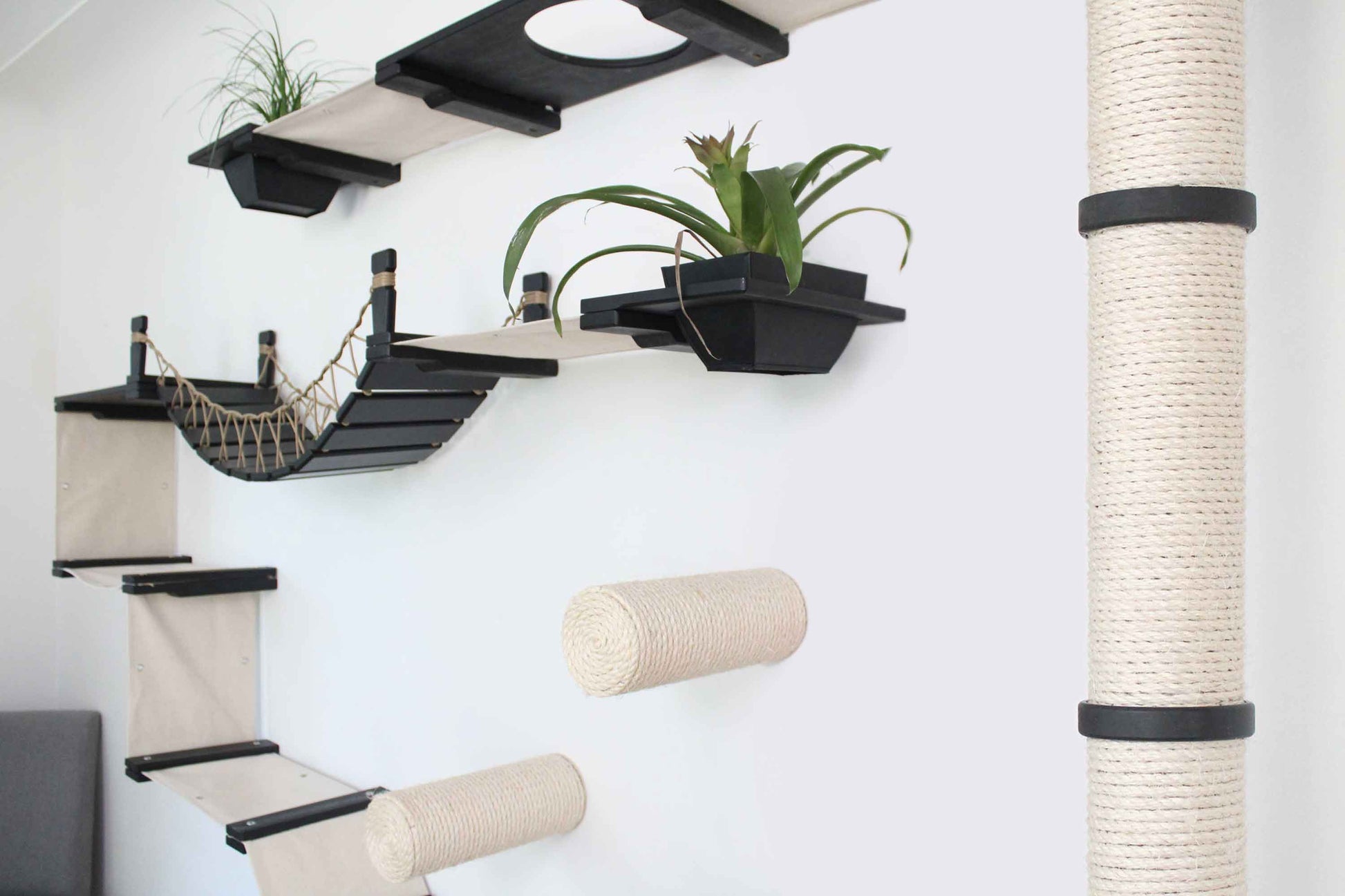 The Juggernaut - Indoor Cat Playground for Wall Onyx Bamboo Natural Canvas Planter Shelves Coupling Cat Condo Catastrophic Creations