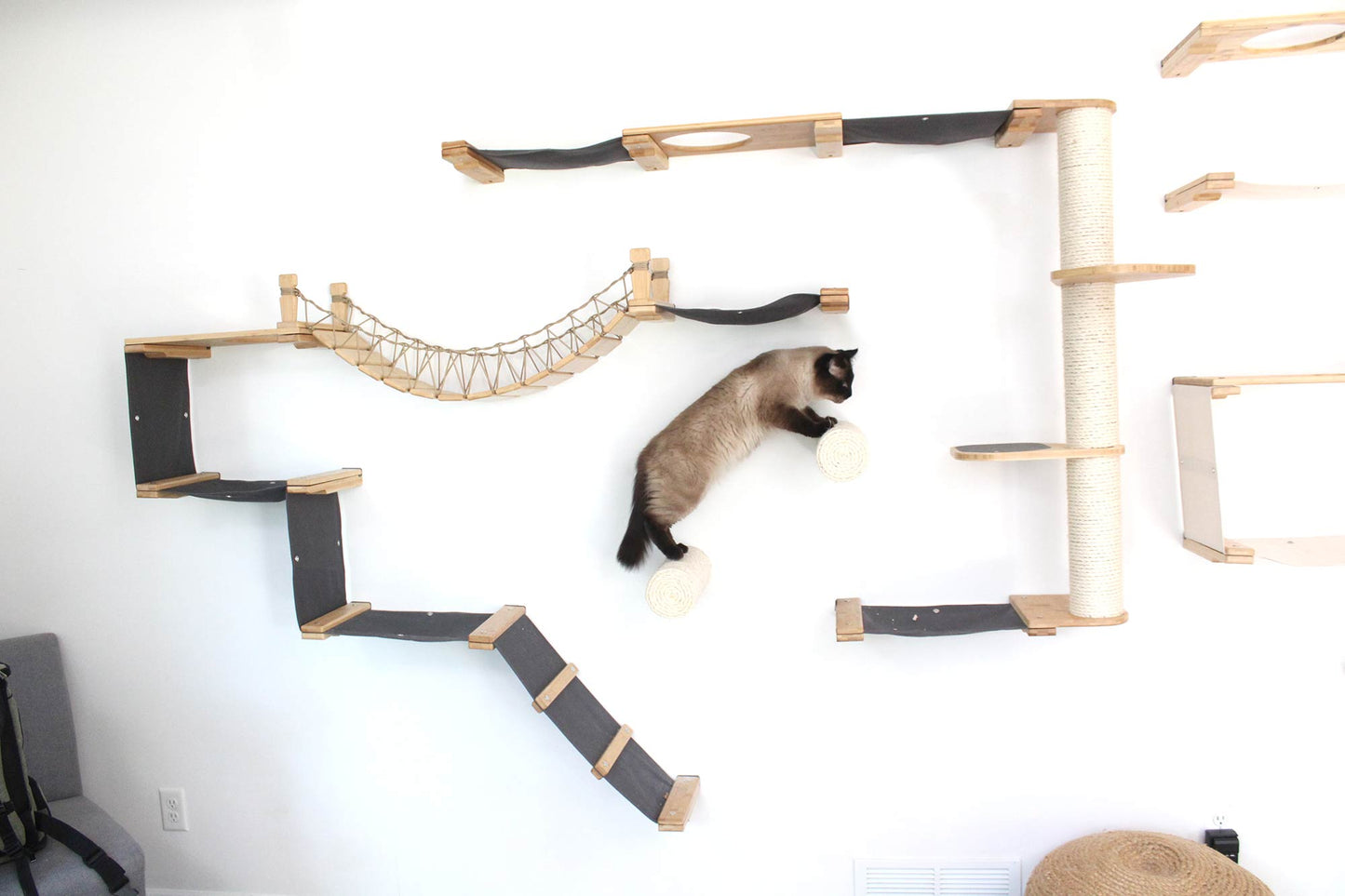 The Juggernaut - Indoor Cat Playground for Wall Natural Bamboo Charcoal Gray Canvas No Planters Leaf Shelf Cat Condo Catastrophic Creations