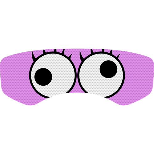 Two white googly eyes looking in opposite directions with eyelashes on a purple background 