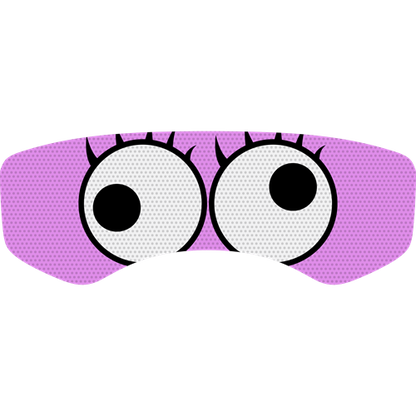 Two white googly eyes looking in opposite directions with eyelashes on a purple background 