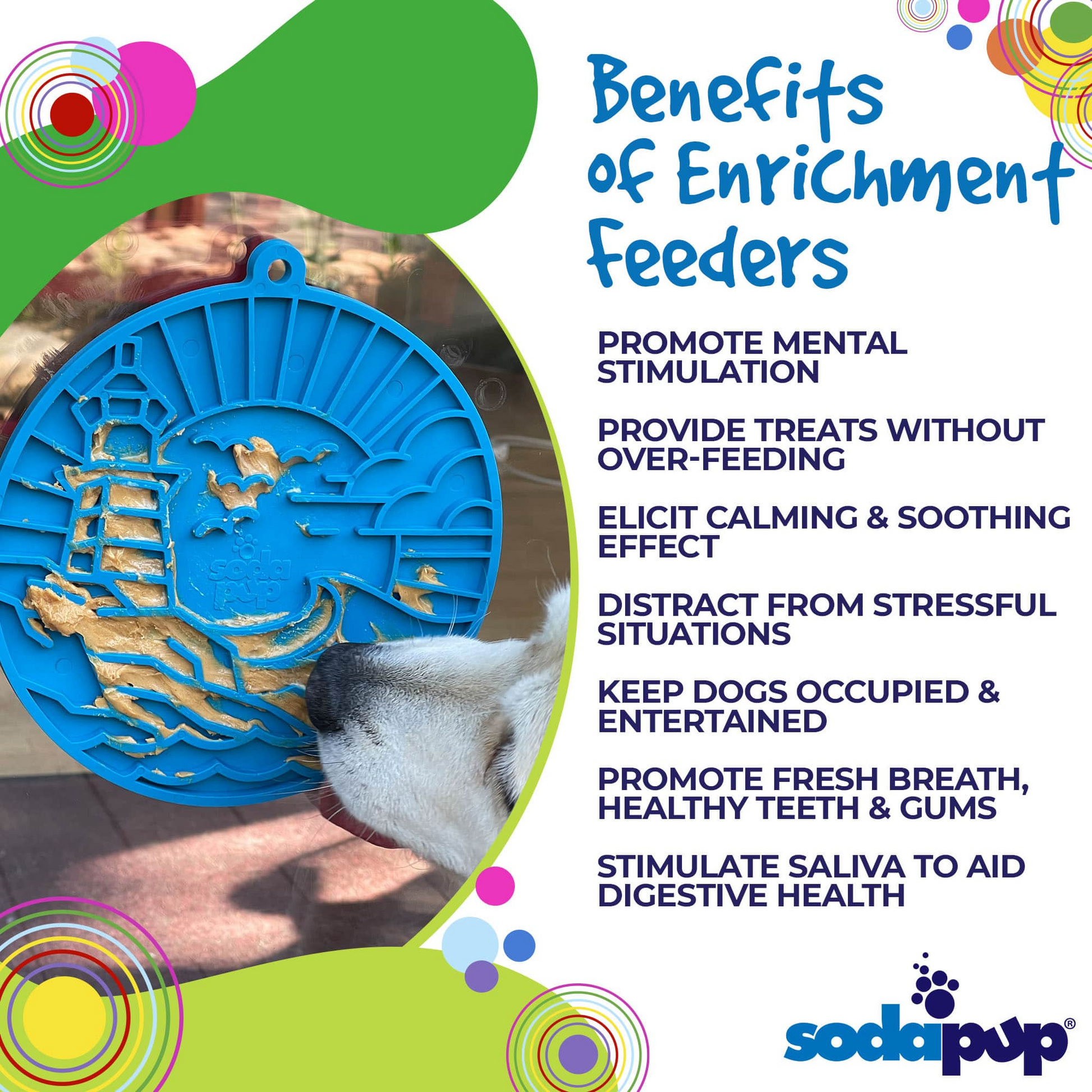 Graphic highlighting benefits of enrichment feeders for dogs with text and an image of a dog using a blue feeder.