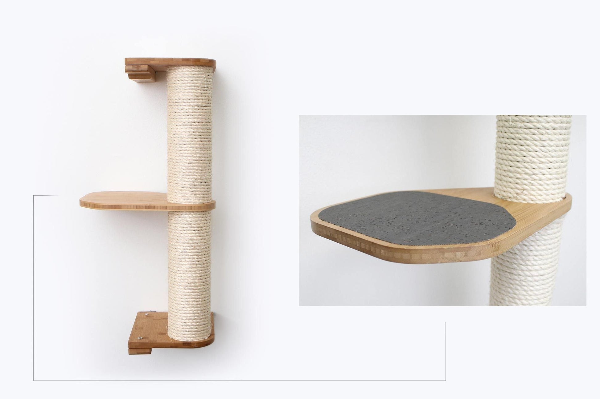 Wall Mounted Cat Climbing Pole - Sisal Natural Bamboo 2-Tier Leaf Shelf Charcoal Cork Pad Cat Scratcher Catastrophic Creations