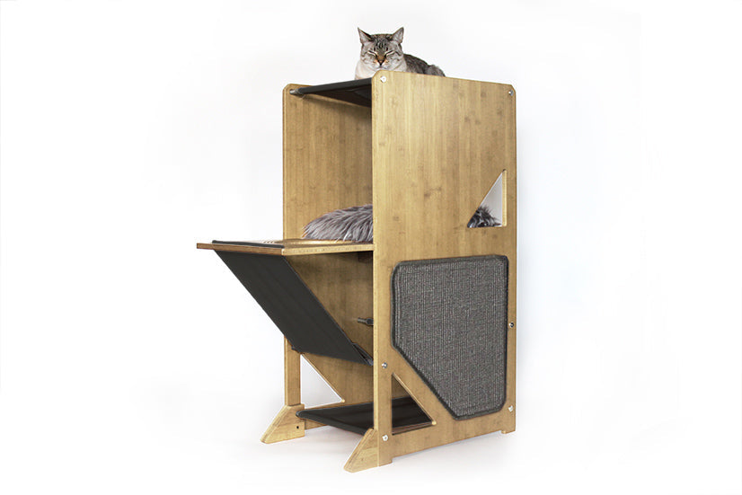 The Overlook - Sturdy - Bamboo Cat Tree Natural Bamboo Charcoal Gray Canvas No Cat Condo Catastrophic Creations