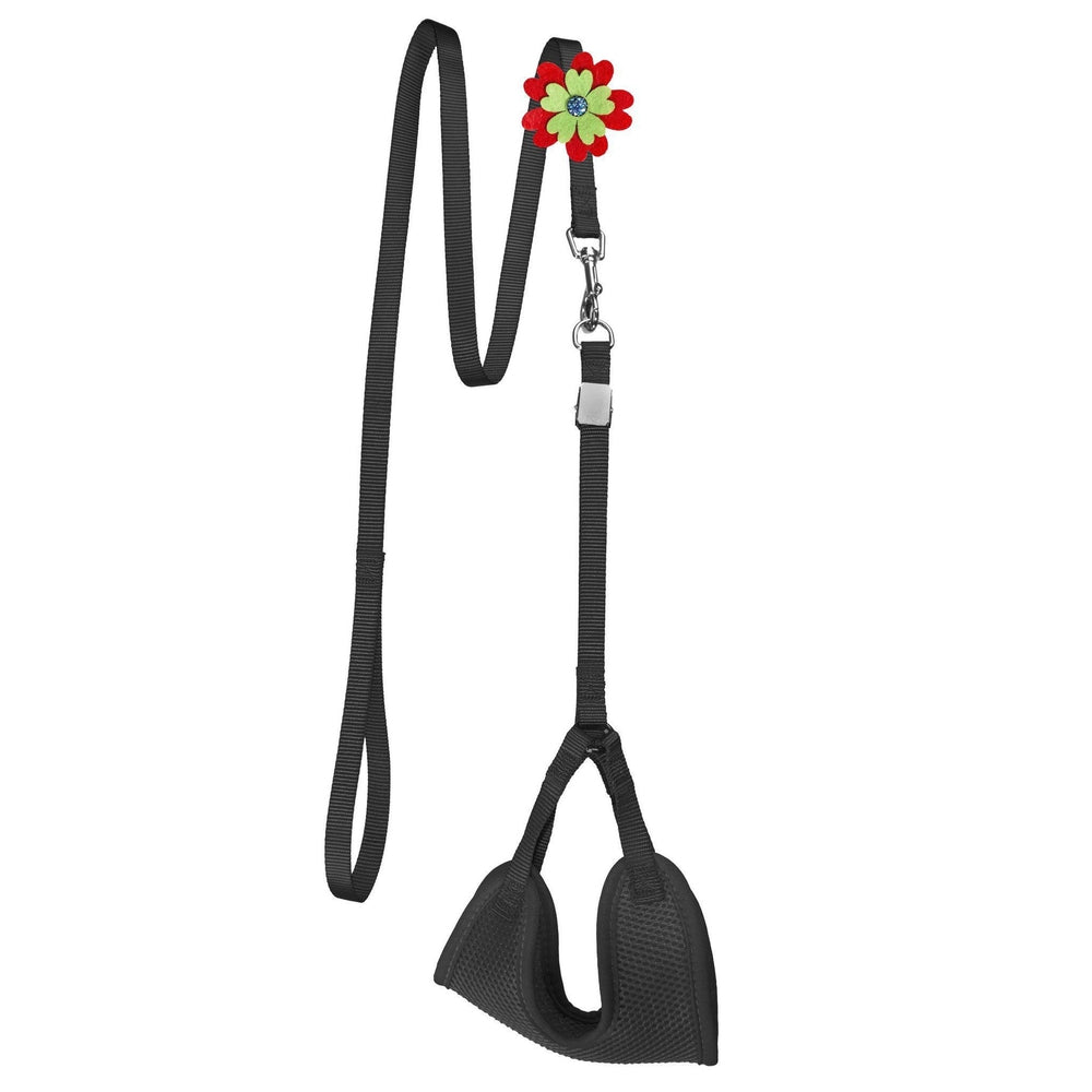 Mesh Step-In Nylon Dog Harness + Optional Flower Dog Leash Black Dog Harnesses Dogline