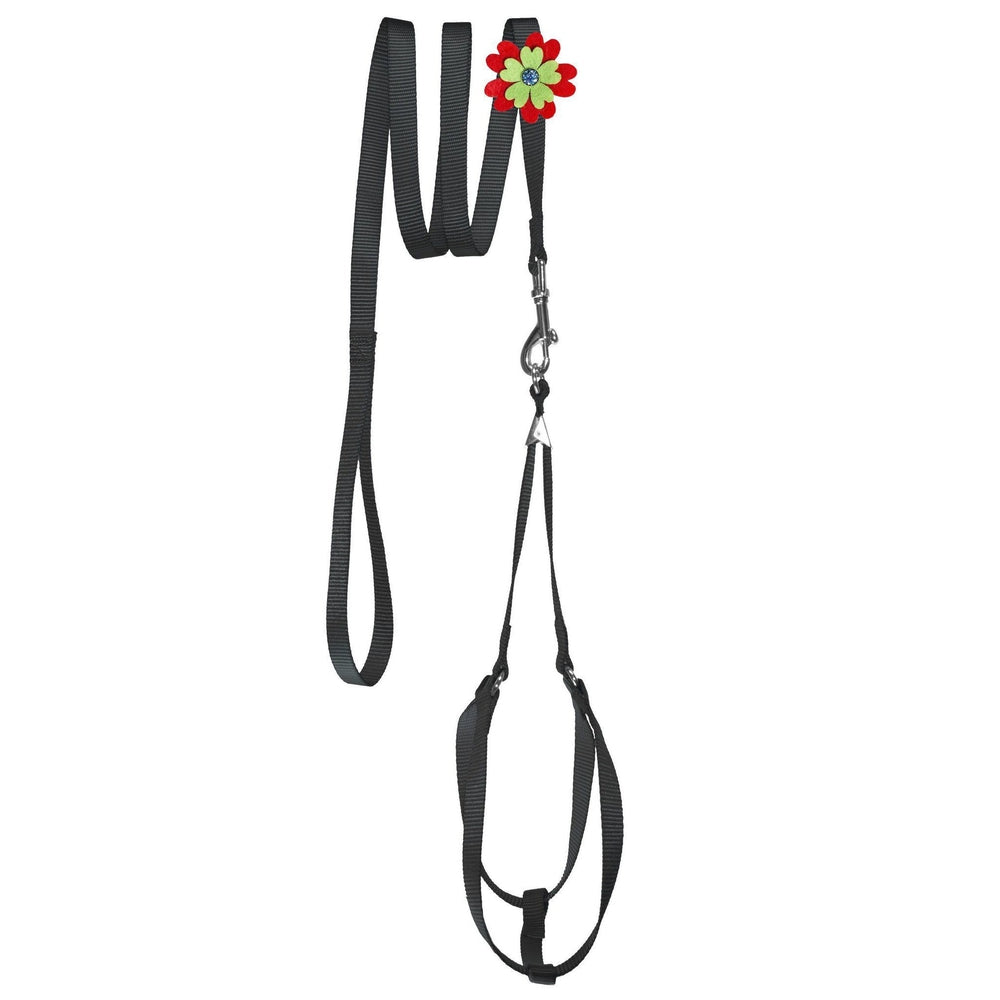 Step-In Nylon Dog Harness + Optional Flower Dog Leash Black Dog Harnesses Dogline