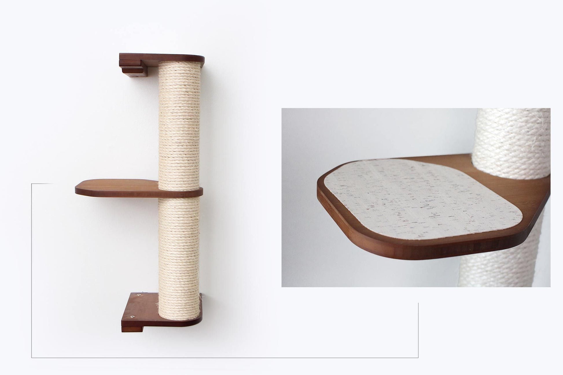 Wall Mounted Cat Climbing Pole - Sisal English Chestnut Bamboo 2-Tier Leaf Shelf Natural Cork Pad Cat Scratcher Catastrophic Creations