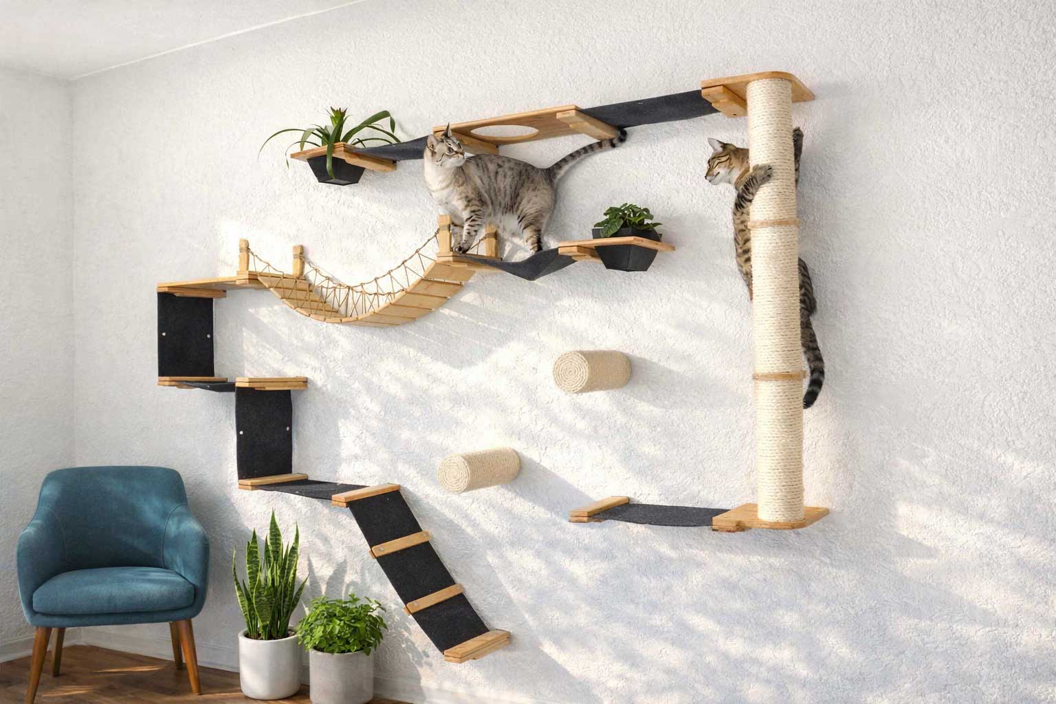 The Juggernaut - Indoor Cat Playground for Wall Natural Bamboo Charcoal Gray Canvas Planter Shelves Coupling Cat Condo Catastrophic Creations