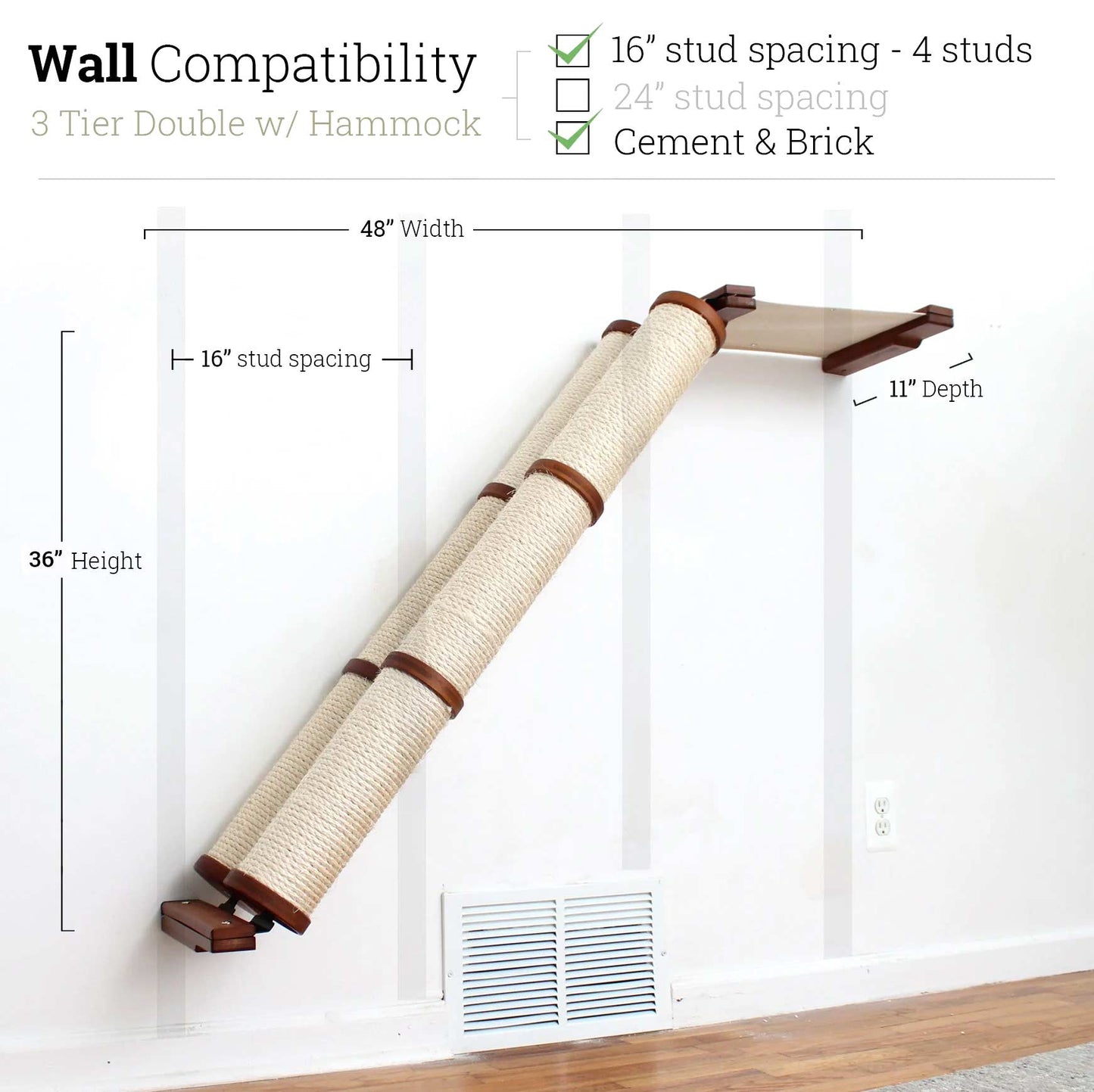 Slanted Cat Scratcher for Wall English Chestnut Bamboo 3-Tier Double Natural Canvas Cat Scratcher Catastrophic Creations