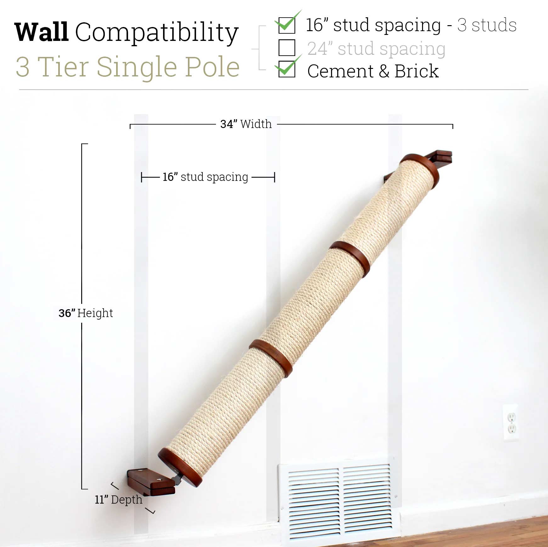 Slanted Cat Scratcher for Wall English Chestnut Bamboo 3-Tier Single None Cat Scratcher Catastrophic Creations