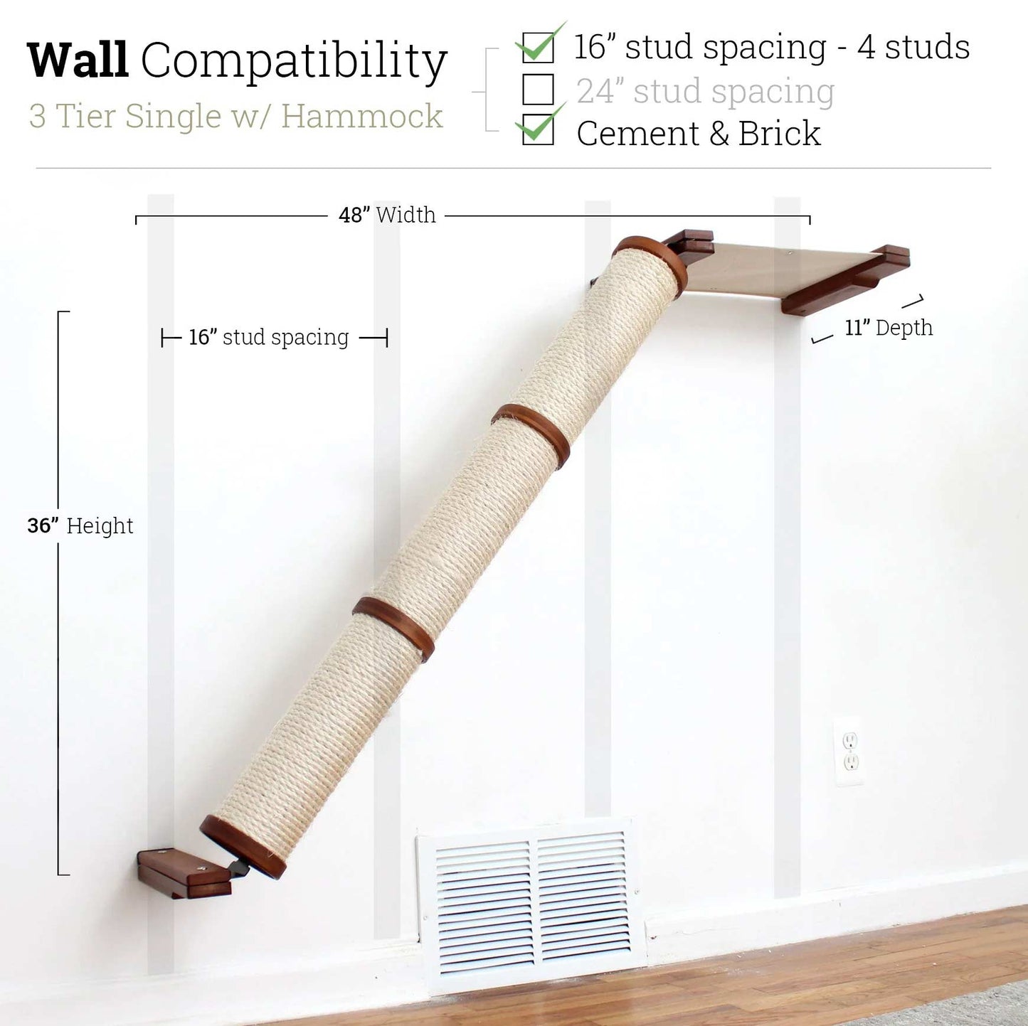 Slanted Cat Scratcher for Wall English Chestnut Bamboo 3-Tier Single Natural Canvas Cat Scratcher Catastrophic Creations