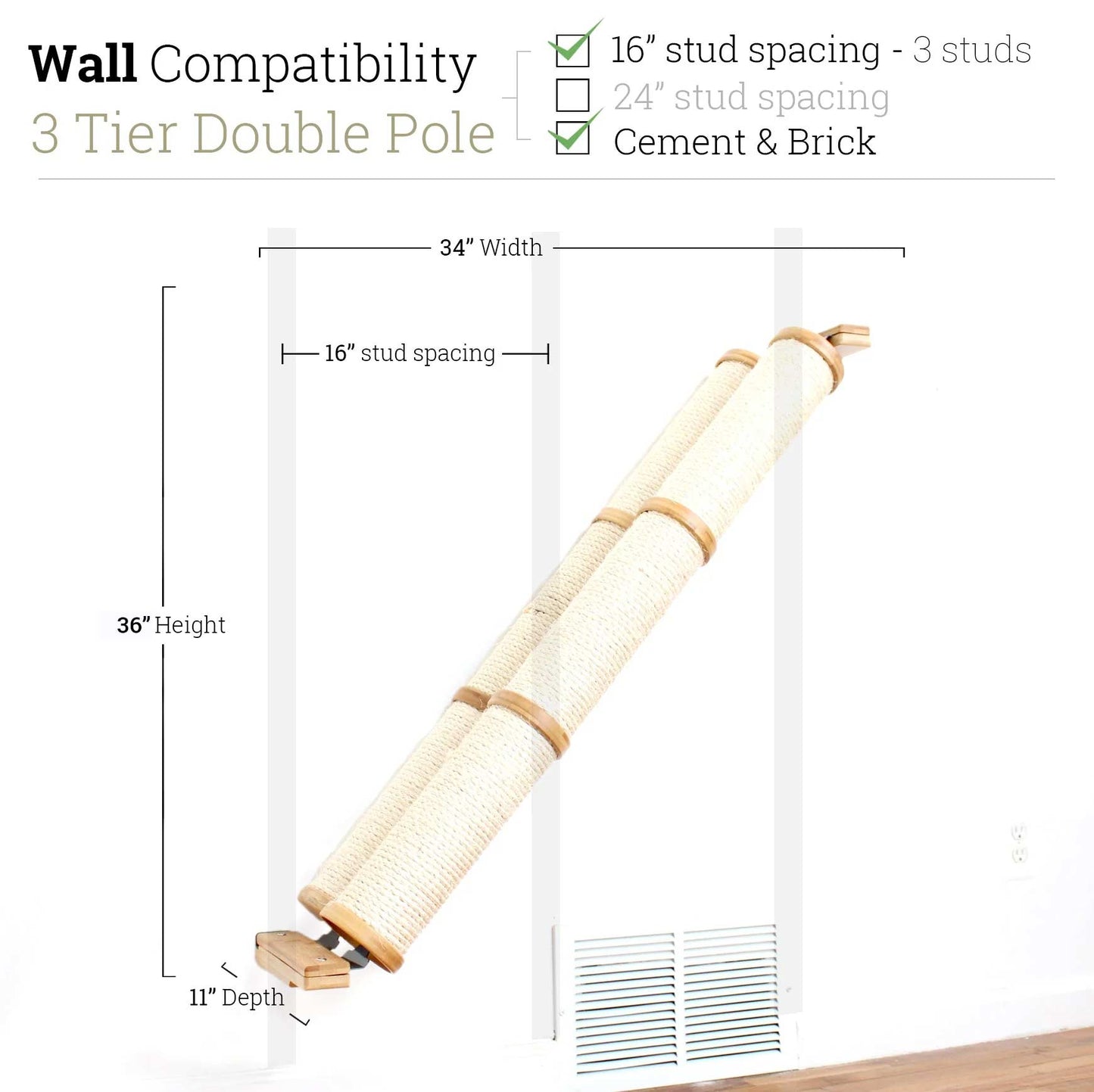 Slanted Cat Scratcher for Wall Natural Bamboo 3-Tier Double None Cat Scratcher Catastrophic Creations
