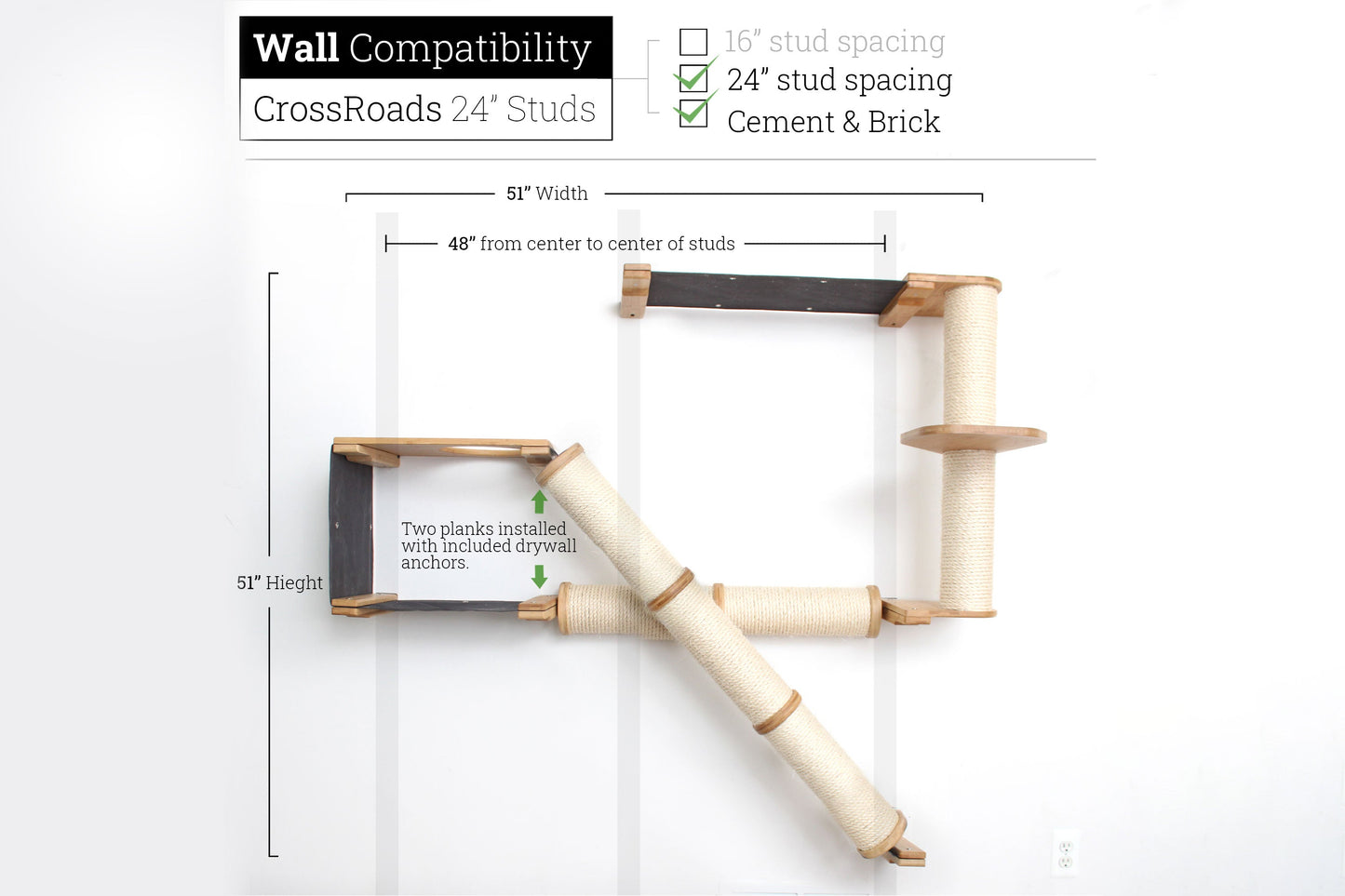 The Crossroads - Cat Wall Scratcher - Tree with Ramp Natural Bamboo Charcoal Gray Canvas 24" Cat Condo Catastrophic Creations