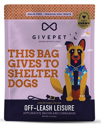 -	A bag of GivePet dog treats with text "This bag gives to shelter dogs" and an illustrated dog on the front.