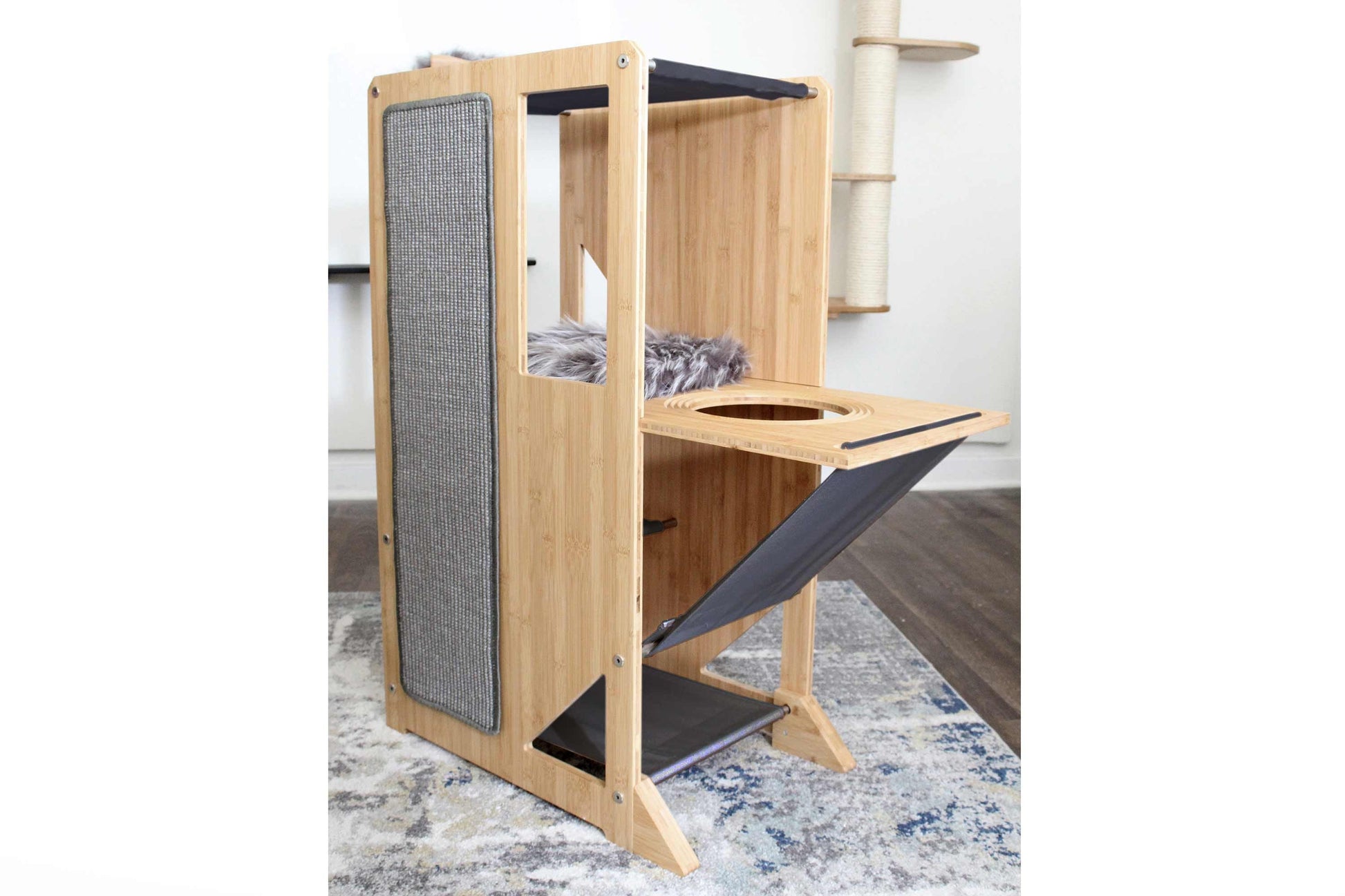The Overlook - Sturdy - Bamboo Cat Tree Natural Bamboo Charcoal Gray Canvas Yes Cat Condo Catastrophic Creations